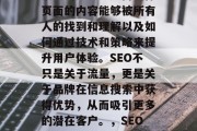 SEO优化是一门涵盖多方面的技能，包括了如何提高网页在搜索引擎中的排名、如何确保页面的内容能够被所有人的找到和理解以及如何通过技术和策略来提升用户体验。SEO不只是关于流量，更是关于品牌在信息搜索中获得优势，从而吸引更多的潜在客户。，SEO优化，从头开始打造高排名的优质网站，SEO，搭建高质量网站，轻松实现高排名