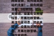网络营销，如何提高网站的流量？，提升网站流量，5招教你，优化关键词、设置社交网络标签、开展社群营销、关注行业动态，优化关键词、设置社交网络标签、开展社群营销、关注行业动态。