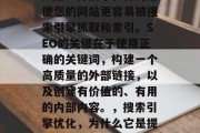 SEO（搜索引擎优化）是一种技术，目的是使您的网站更容易被搜索引擎抓取和索引。SEO的关键在于使用正确的关键词，构建一个高质量的外部链接，以及创建有价值的、有用的内部内容。，搜索引擎优化，为什么它是提升网站排名的关键因素？