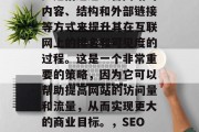 SEO(搜索引擎优化)是指通过改善网站的内容、结构和外部链接等方式来提升其在互联网上的排名和可见度的过程。这是一个非常重要的策略,因为它可以帮助提高网站的访问量和流量,从而实现更大的商业目标。,SEO,提升网站可见度的关键策略