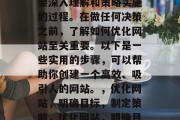 优化一个网站是一个需要深入理解和策略实施的过程。在做任何决策之前，了解如何优化网站至关重要。以下是一些实用的步骤，可以帮助你创建一个高效、吸引人的网站。，优化网站，明确目标，制定策略，优化网站，明确目标，制定策略