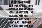 网站SEO推广公司靠谱吗?如何选择一家合适的SEO推广公司?,网站SEO好坏需结合多个因素考虑,公司实力、资质证明、市场经验、业绩表现等。建议您通过网络搜索,了解排名靠前的 SEO 推广公司,并仔细比较各家公司优势及劣势。,选择SEO推广公司,需要综合考虑的因素! 网站SEO推广公司靠谱吗?如何选择一家合适的SEO推广公司?,网站SEO好坏需结合多个因素考虑,公司实力、资质证明、市场经验、业绩表现等。建议您通过网络搜索,了解排名靠前的 SEO 推广公司,并仔细比较各家公司优势及劣势。,选择SEO推广公司,需要综合考虑的因素!