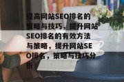 提高网站SEO排名的策略与技巧，提升网站SEO排名的有效方法与策略，提升网站SEO排名，策略与技巧分析
