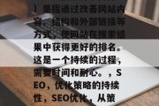 SEO(搜索引擎优化)是指通过改善网站内容、结构和外部链接等方式,使网站在搜索结果中获得更好的排名。这是一个持续的过程,需要时间和耐心。,SEO,优化策略的持续性,SEO优化,从策略到实施的一站式服务 SEO(搜索引擎优化)是指通过改善网站内容、结构和外部链接等方式,使网站在搜索结果中获得更好的排名。这是一个持续的过程,需要时间和耐心。,SEO,优化策略的持续性,SEO优化,从策略到实施的一站式服务