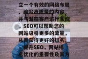 SEO网站排名优化是一种旨在提高网页在搜索引擎结果中的位置和可见度的策略。通过建立一个有效的网络布局、编写高质量的内容,并与潜在客户进行互动,SEO可以帮助您的网站吸引更多的流量,从而获得更好的排名。,提升SEO,网站排名优化的重要性及其方法,SEO排名优化,为什么它是提升网站可见度的关键?及实现其的方法。