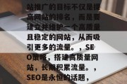 SEO网站推广seo并不是一朝一夕的事情，它需要耐心、策略和持续的努力。SEO网站推广的目标不仅是提高网站的排名，而是要建立并维护一个高质量且稳定的网站，从而吸引更多的流量。，SEO策略，搭建高质量网站，长期积累流量。，SEO是永恒的话题，SEO不是一朝一夕就能达到的效果。做好SEO需要投入时间和精力。