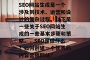 SEO网站生成是一个涉及到技术、运营和设计的复杂过程。以下是一些关于SEO网站生成的一些基本步骤和策略。,SEO是做什么?如何创建一个优秀的内容营销网站? SEO网站生成是一个涉及到技术、运营和设计的复杂过程。以下是一些关于SEO网站生成的一些基本步骤和策略。,SEO是做什么?如何创建一个优秀的内容营销网站?