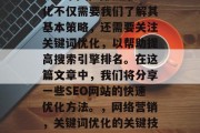 SEO 网站的快速优化不仅需要我们了解其基本策略，还需要关注关键词优化，以帮助提高搜索引擎排名。在这篇文章中，我们将分享一些SEO网站的快速优化方法。，网络营销，关键词优化的关键技巧
