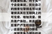 SEO网站评分是衡量一个网站性能和吸引力的重要标准。对于每一个企业来说，优化自己的搜索引擎排名可以显著提高其在互联网上的可见度、增加流量、提升用户体验，并且对潜在客户产生积极影响。，企业优化SEO排名，关键竞争力提升的途径，优化SEO排名，提高竞争力的关键途径