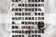 降低网站流量的几种策略，SEO优化，提升网站在搜索引擎结果中的排名。，内容营销，发布有价值的内容以吸引用户。，社交媒体推广，利用社交媒体进行内容推广和社区互动。，网站自动化，使用自动化的工具提高工作效率。，降低网站流量的策略，SEO优化，提升网站在搜索引擎结果中的排名，内容营销，发布有价值的内容以吸引用户，社交媒体推广，利用社交媒体进行内容推广和社区互动，网站自动化