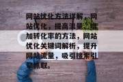 网站优化方法详解,网站优化,提高流量、增加转化率的方法,网站优化关键词解析,提升网站流量,吸引搜索引擎抓取。 网站优化方法详解,网站优化,提高流量、增加转化率的方法,网站优化关键词解析,提升网站流量,吸引搜索引擎抓取。