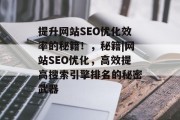 提升网站SEO优化效率的秘籍!,秘籍|网站SEO优化,高效提高搜索引擎排名的秘密武器