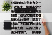 柳州市某公司网站SEO优化，目前已成为该公司的核心竞争力之一。近年来，柳州市企业通过自身的经验和专业知识，成功实现搜索引擎优化的目标，提高了公司在互联网上的排名和曝光度，从而获得了更多的客户。，柳州市企业提升SEO效果，成功优化的核心竞争力