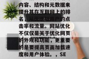 SEO（搜索引擎优化）是指通过改善网站的内容、结构和元数据来提升其在互联网上的排名，从而增加用户的点击率和流量。网站优化不仅仅是关于优化网页的外观和功能，更重要的是要提高页面加载速度和用户体验。，SEO技巧，如何优化您的在线店铺？
