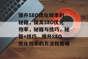 提升SEO优化效率的秘籍，提高SEO优化效率，秘籍与技巧，秘籍+技巧，提升SEO优化效率的方法和策略