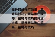 提升网站推广效果，策略与技巧，网站推广攻略，策略与技巧提升点击率，提升网站推广效果，策略与技巧