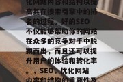 SEO 是一个关于优化网站内容和结构以提高其在搜索引擎中的排名的过程。好的SEO不仅能够帮助你的网站在众多的竞争对手中脱颖而出，而且还可以提升用户的体验和转化率。，SEO，优化网站内容和结构的重要性及其影响