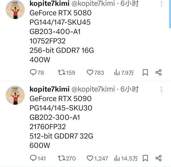 涨价不可避免!RTX 5090、5080规格完整曝光:英伟达强行拉大差距