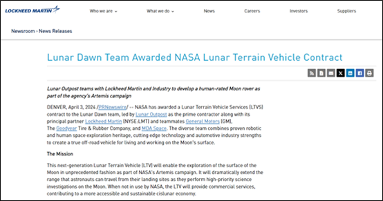 美媒:由于在部分合作条款上无法达成共识,洛克希德·马丁公司退出月球地形车开发计划