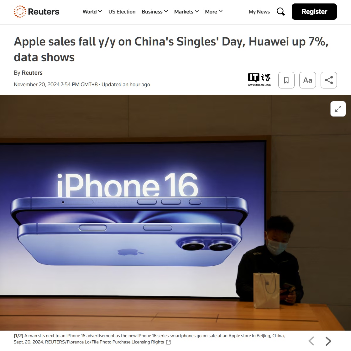 Counterpoint:苹果 iPhone 双十一期间在华销量同比下滑两位数百分比