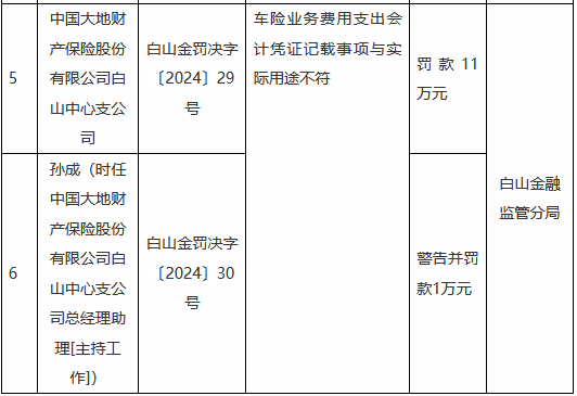 大地财险白山中心支公司被罚11万元:车险业务费用支出会计凭证记载事项与实际用途不符