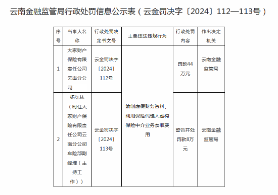 大家财险云南分公司被罚44万元:因编制虚假财务资料等