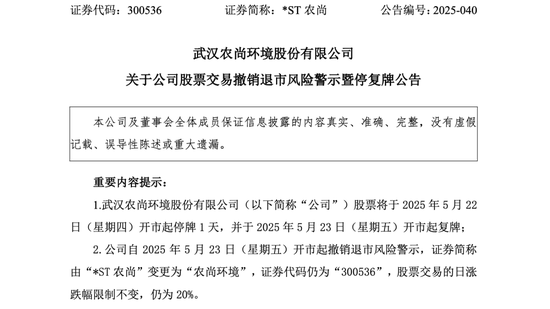 *ST农尚撤销退市风险警示,证券简称变更为“农尚环境”