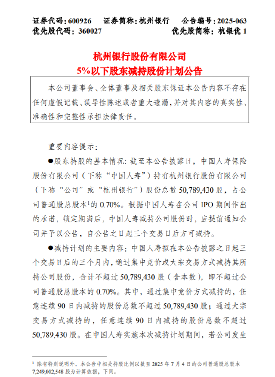 杭州银行:中国人寿拟减持不超0.70%公司股份