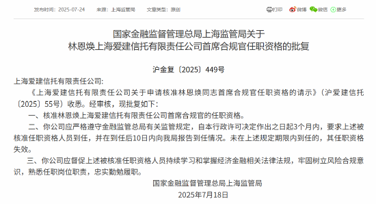 林恩焕爱建信托首席合规官任职资格获批