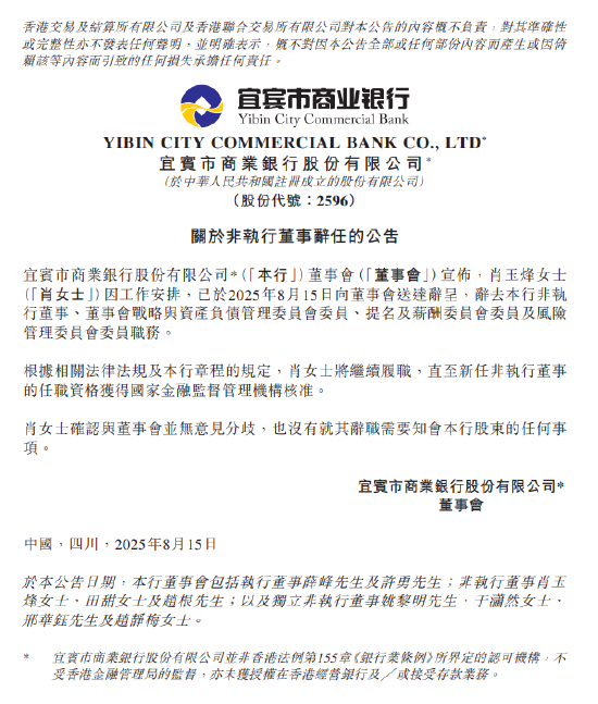 宜宾银行:肖玉烽辞任非执行董事