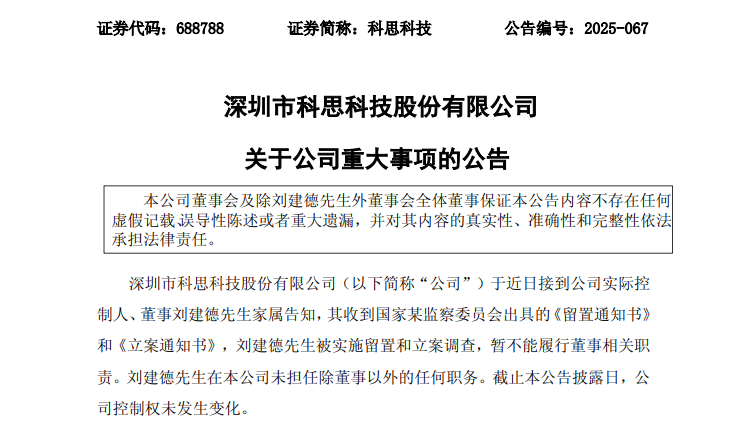 688788 实控人被实施留置和立案调查!
