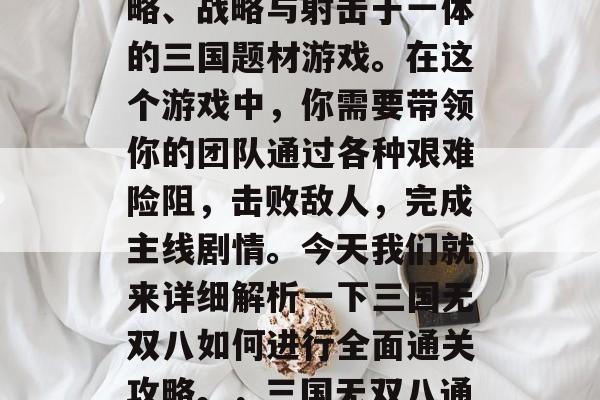 三国无双八是一款集策略、战略与射击于一体的三国题材游戏。在这个游戏中,你需要带领你的团队通过各种艰难险阻,击败敌人,完成主线剧情。今天我们就来详细解析一下三国无双八如何进行全面通关攻略。,三国无双八通关攻略全解析 三国无双八是一款集策略、战略与射击于一体的三国题材游戏。在这个游戏中,你需要带领你的团队通过各种艰难险阻,击败敌人,完成主线剧情。今天我们就来详细解析一下三国无双八如何进行全面通关攻略。,三国无双八通关攻略全解析