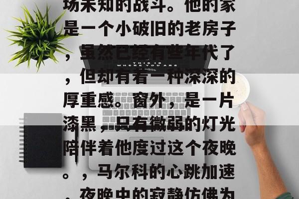在宁静的夜晚，主人公马尔科独自坐在家中。他心中充满了紧张和不安，因为明天将面临一场未知的战斗。他的家是一个小破旧的老房子，虽然已经有些年代了，但却有着一种深深的厚重感。窗外，是一片漆黑，只有微弱的灯光陪伴着他度过这个夜晚。，马尔科的心跳加速，夜晚中的寂静仿佛为他带来一丝恐惧。屋子里的老房子如同一个古老的图书馆，承载着岁月的秘密。