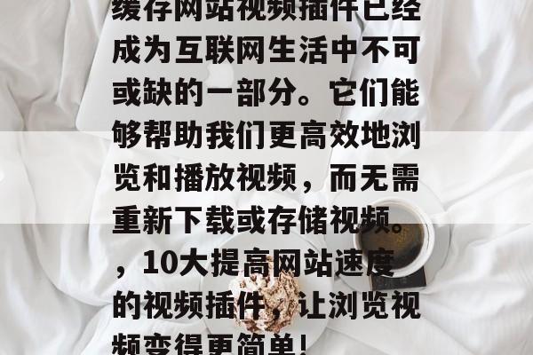 缓存网站视频插件已经成为互联网生活中不可或缺的一部分。它们能够帮助我们更高效地浏览和播放视频，而无需重新下载或存储视频。，10大提高网站速度的视频插件，让浏览视频变得更简单!