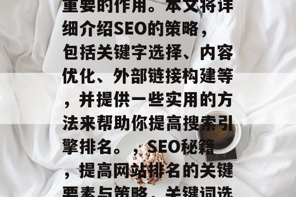 SEO优化对于提升网站排名和流量具有至关重要的作用。本文将详细介绍SEO的策略,包括关键字选择、内容优化、外部链接构建等,并提供一些实用的方法来帮助你提高搜索引擎排名。,SEO秘籍,提高网站排名的关键要素与策略,关键词选择,SEO优化的重要性及技巧 SEO优化对于提升网站排名和流量具有至关重要的作用。本文将详细介绍SEO的策略,包括关键字选择、内容优化、外部链接构建等,并提供一些实用的方法来帮助你提高搜索引擎排名。,SEO秘籍,提高网站排名的关键要素与策略,关键词选择,SEO优化的重要性及技巧
