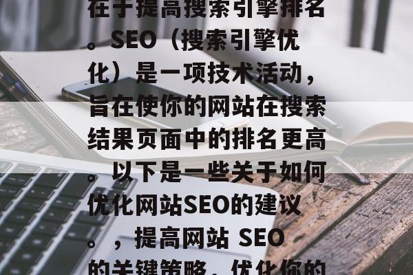 优化网站SEO的关键在于提高搜索引擎排名。SEO(搜索引擎优化)是一项技术活动,旨在使你的网站在搜索结果页面中的排名更高。以下是一些关于如何优化网站SEO的建议。,提高网站 SEO的关键策略,优化你的网站排名 优化网站SEO的关键在于提高搜索引擎排名。SEO(搜索引擎优化)是一项技术活动,旨在使你的网站在搜索结果页面中的排名更高。以下是一些关于如何优化网站SEO的建议。,提高网站 SEO的关键策略,优化你的网站排名