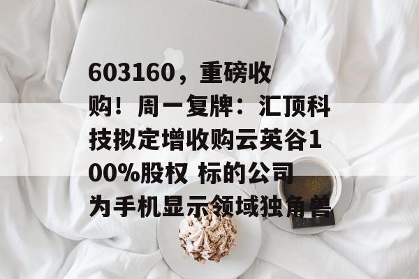603160,重磅收购!周一复牌:汇顶科技拟定增收购云英谷100%股权 标的公司为手机显示领域独角兽 603160,重磅收购!周一复牌:汇顶科技拟定增收购云英谷100%股权 标的公司为手机显示领域独角兽