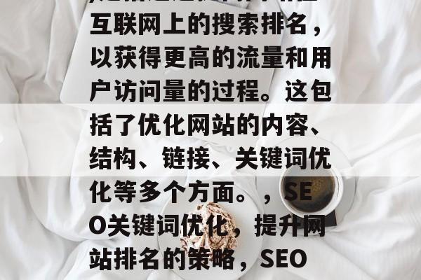 SEO(搜索引擎优化)是指通过提高网站在互联网上的搜索排名,以获得更高的流量和用户访问量的过程。这包括了优化网站的内容、结构、链接、关键词优化等多个方面。,SEO关键词优化,提升网站排名的策略,SEO优化,如何提升网站排名 SEO(搜索引擎优化)是指通过提高网站在互联网上的搜索排名,以获得更高的流量和用户访问量的过程。这包括了优化网站的内容、结构、链接、关键词优化等多个方面。,SEO关键词优化,提升网站排名的策略,SEO优化,如何提升网站排名