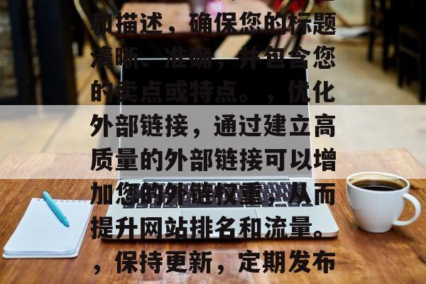 如何优化外贸网站SEO以提高流量和转化率?,优化外贸网站SEO的关键在于了解客户并提供高质量的产品。要实现这一目标,建议按照以下步骤操作,,使用关键词,确定您希望在您的产品或服务中使用的关键字。这将帮助搜索引擎找到您的内容。,创建质量的标题和描述,确保您的标题清晰、准确,并包含您的卖点或特点。,优化外部链接,通过建立高质量的外部链接可以增加您的外链权重,从而提升网站排名和流量。,保持更新,定期发布有价值的更新可以帮助搜索引擎了解您的产品或服务在市场的最新动态。,采取社交媒体营销策略,与行业内的专家合作,发布有关您产品或服务的信息,并积极参加相关活动。,评估结果,定期检查您的SEO效果,看是否达到了预期的目标,以及需要改进的地方。 如何优化外贸网站SEO以提高流量和转化率?,优化外贸网站SEO的关键在于了解客户并提供高质量的产品。要实现这一目标,建议按照以下步骤操作,,使用关键词,确定您希望在您的产品或服务中使用的关键字。这将帮助搜索引擎找到您的内容。,创建质量的标题和描述,确保您的标题清晰、准确,并包含您的卖点或特点。,优化外部链接,通过建立高质量的外部链接可以增加您的外链权重,从而提升网站排名和流量。,保持更新,定期发布有价值的更新可以帮助搜索引擎了解您的产品或服务在市场的最新动态。,采取社交媒体营销策略,与行业内的专家合作,发布有关您产品或服务的信息,并积极参加相关活动。,评估结果,定期检查您的SEO效果,看是否达到了预期的目标,以及需要改进的地方。