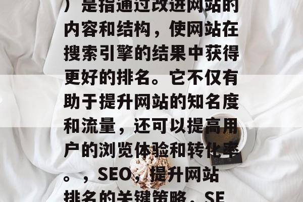 SEO(搜索引擎优化)是指通过改进网站的内容和结构,使网站在搜索引擎的结果中获得更好的排名。它不仅有助于提升网站的知名度和流量,还可以提高用户的浏览体验和转化率。,SEO,提升网站排名的关键策略,SEO优化策略 SEO(搜索引擎优化)是指通过改进网站的内容和结构,使网站在搜索引擎的结果中获得更好的排名。它不仅有助于提升网站的知名度和流量,还可以提高用户的浏览体验和转化率。,SEO,提升网站排名的关键策略,SEO优化策略