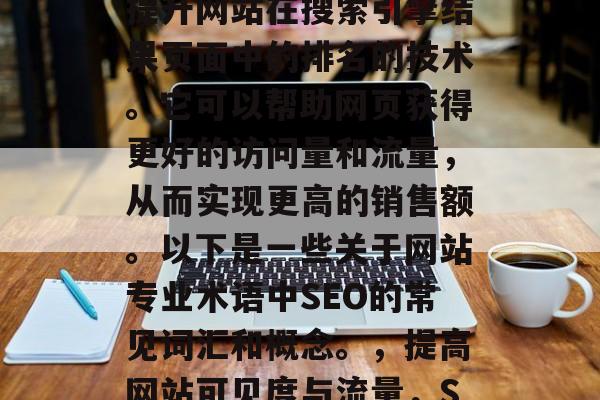 SEO（搜索引擎优化）是一种利用网络技术提升网站在搜索引擎结果页面中的排名的技术。它可以帮助网页获得更好的访问量和流量，从而实现更高的销售额。以下是一些关于网站专业术语中SEO的常见词汇和概念。，提高网站可见度与流量，SEO的关键要素与实践指南