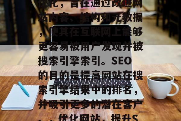 SEO 是指搜索引擎优化,旨在通过改进网站内容、结构和元数据,使其在互联网上能够更容易被用户发现并被搜索引擎索引。SEO的目的是提高网站在搜索引擎结果中的排名,并吸引更多的潜在客户。,优化网站,提升SEO排名的关键技巧 SEO 是指搜索引擎优化,旨在通过改进网站内容、结构和元数据,使其在互联网上能够更容易被用户发现并被搜索引擎索引。SEO的目的是提高网站在搜索引擎结果中的排名,并吸引更多的潜在客户。,优化网站,提升SEO排名的关键技巧